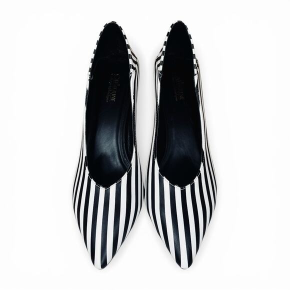 Catherine Malandrino Striped Kitten Heel Black White Point Toe Paris Chic 10 - Picture 2 of 7